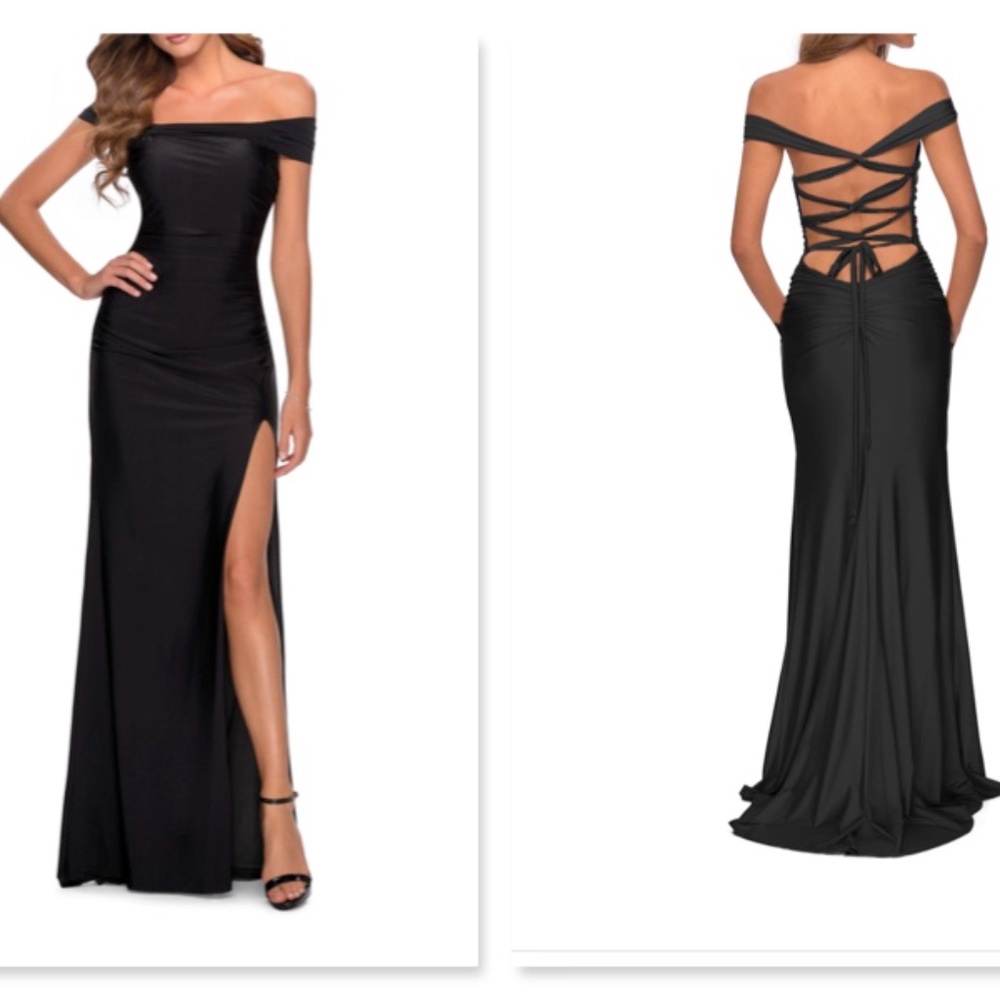 La Femme Off the Shoulder Satin Trumpet Gown 0